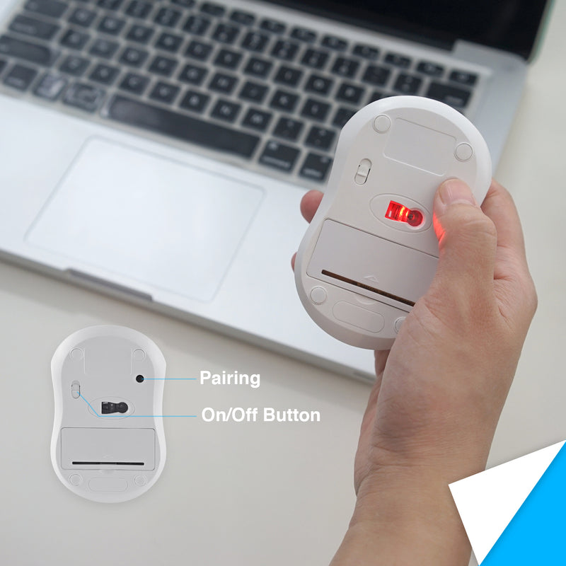 PERIMICE-802 W - Bluetooth White Mini Mouse 1000 DPI with pairing indicator and on/off switch button.