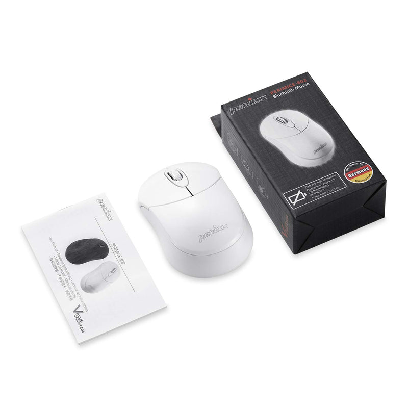 PERIMICE-802 W - Bluetooth White Mini Mouse 1000 DPI with package and user manual.
