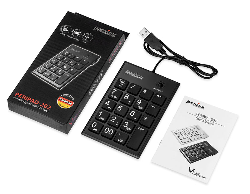 PERIPAD-202 U - Wired Numeric Keypad Scissor Keys Large Print Letters with package and user manual.