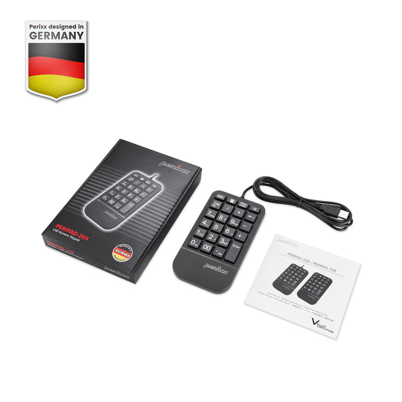 PERIPAD-205 - Wired Numeric Keypad with Palm Rest Large Print Letters with package and user manual.