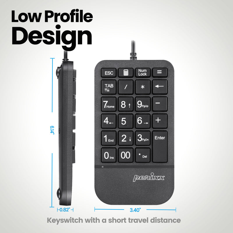 PERIPAD-205 - Wired Numeric Keypad with Palm Rest Large Print Letters. Low profile design with a short travel distance. 3.4 x 6.14 x 0.82''.