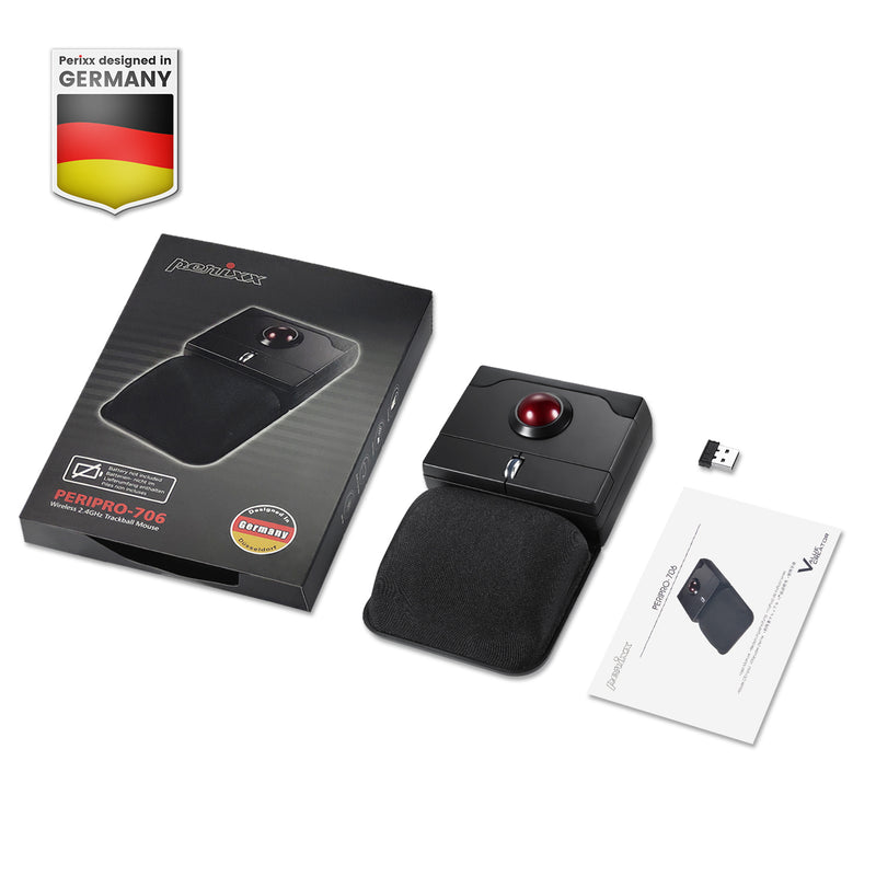 PERIPRO-706 - Wireless Trackball Mouse plus Wrist Rest Pad 800 DPI with package and user manual.