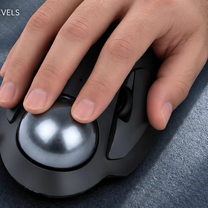 Index finger operating the PERIMICE-822 trackball